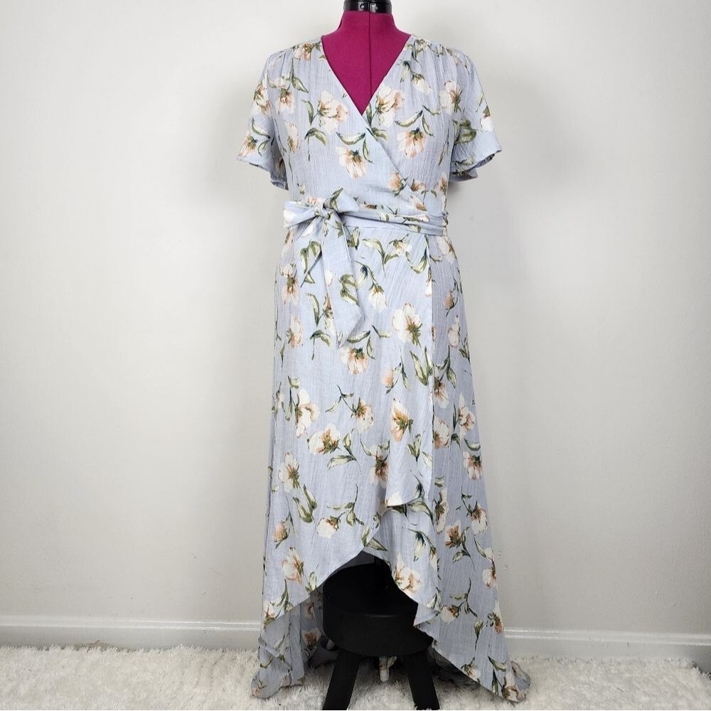 Promesa Floral Wrap Dress Light Blue Cotton Spandex Size M - Picture 5 of 16